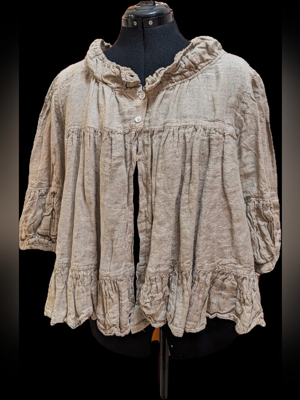Magnolia Park Ruffled Linen Blend Peasant Blouse - Taupe